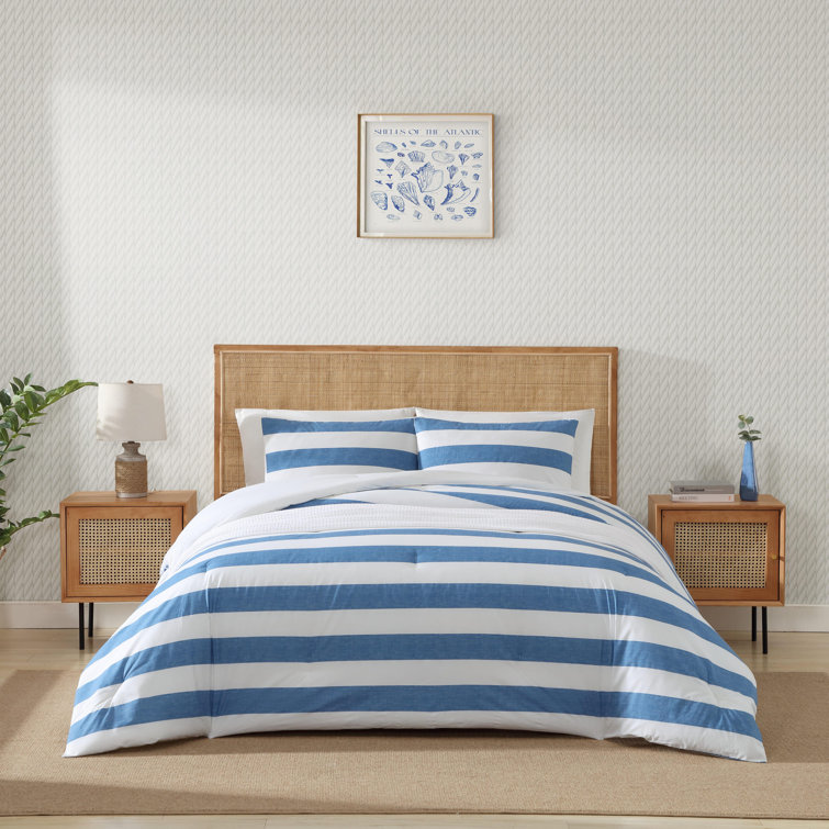 Blue and White Cotton Full Duvet Cover Set with Shams