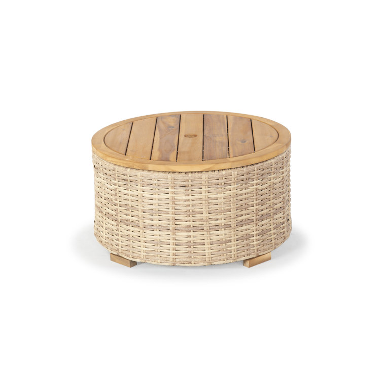 Natural Round Wicker and Acacia Outdoor Coffee Table with Storage