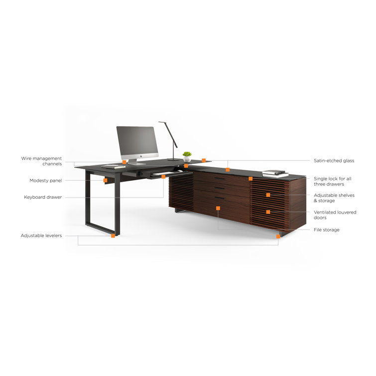 Corridor Natural Walnut Executive L-Shaped Desk with Glass Top