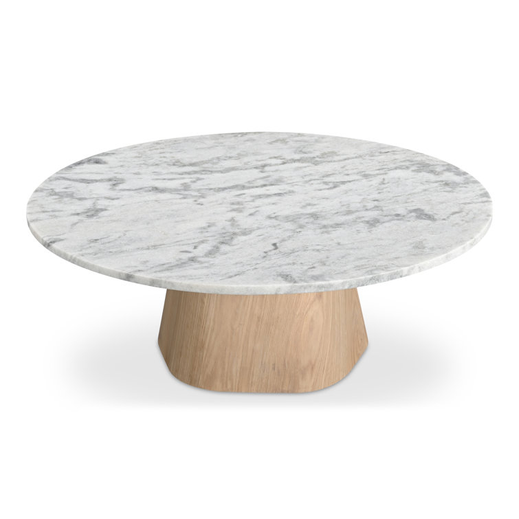Ashen Gray Marble Top Round Coffee Table with Oak Pedestal Base
