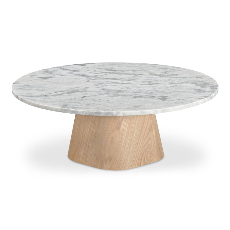 Ashen Gray Marble Top Round Coffee Table with Oak Pedestal Base