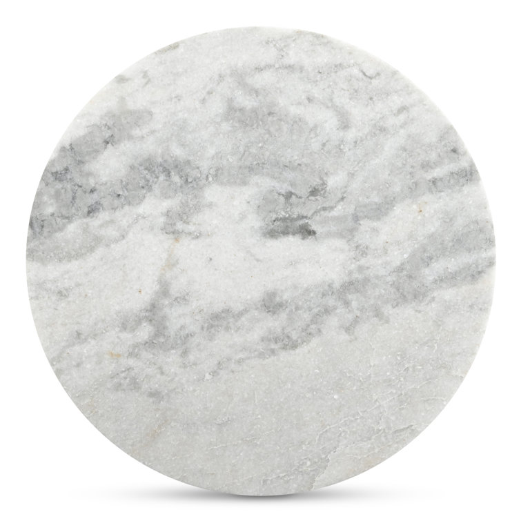 Ashen Gray Marble Top Round Coffee Table with Oak Pedestal Base