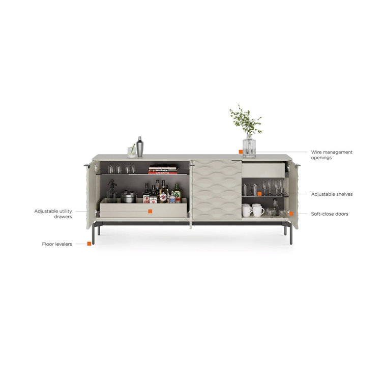 Stone and Brushed Carbon MDF Sideboard with Clear Glass Shelves