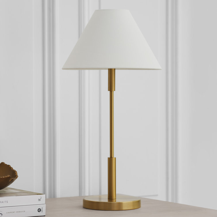 Satin Brass Medium Table Lamp with White Linen Shade