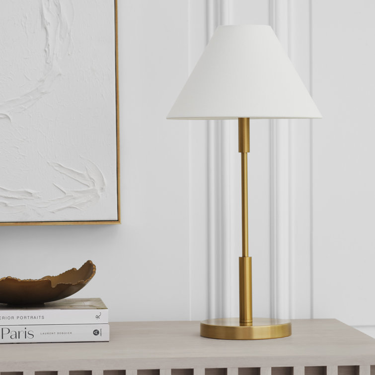Satin Brass Medium Table Lamp with White Linen Shade