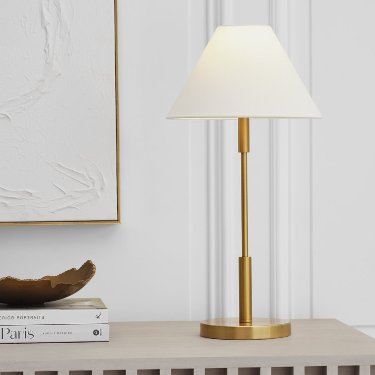 Satin Brass Medium Table Lamp with White Linen Shade
