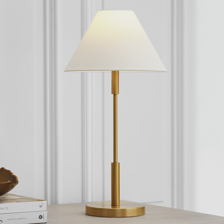 Satin Brass Medium Table Lamp with White Linen Shade