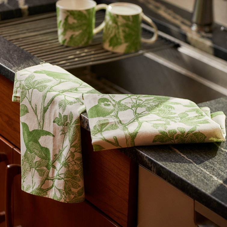 Arbor Birds Green and White Cotton Kitchen Towel Set