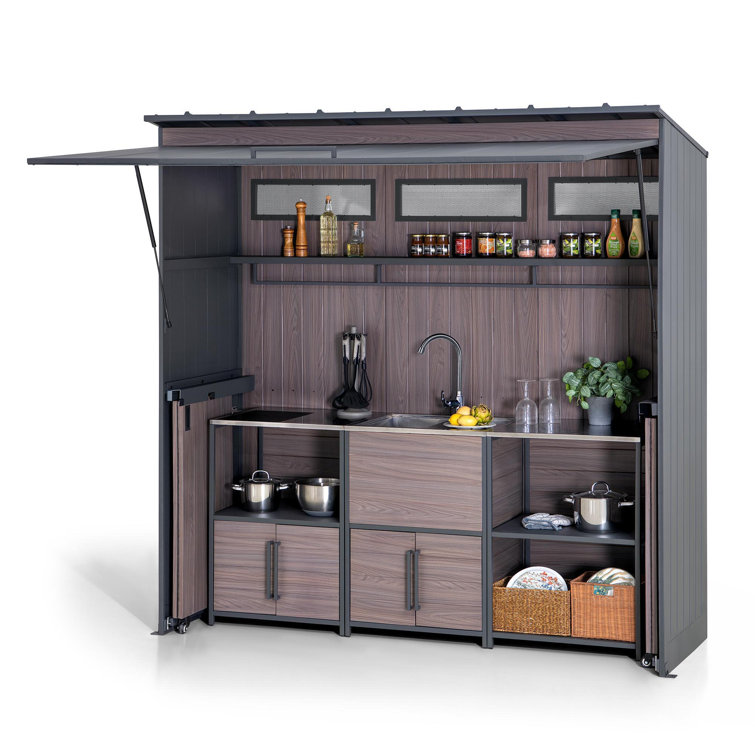 Fleetwood 7 ft. x 3 ft. Wood Grain Steel Outdoor Kitchen with Gas Springs