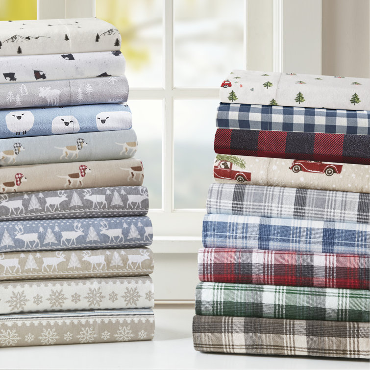 Queen Blue Plaid Cotton Flannel Sheet Set