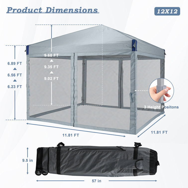 Gray 12 Ft Iron Pop-Up Canopy with Mesh Sidewalls and Roller Bag