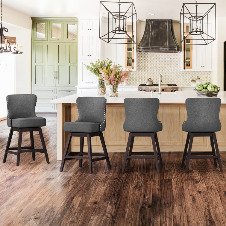 Gray Swivel Upholstered Counter Stool with Wood Frame