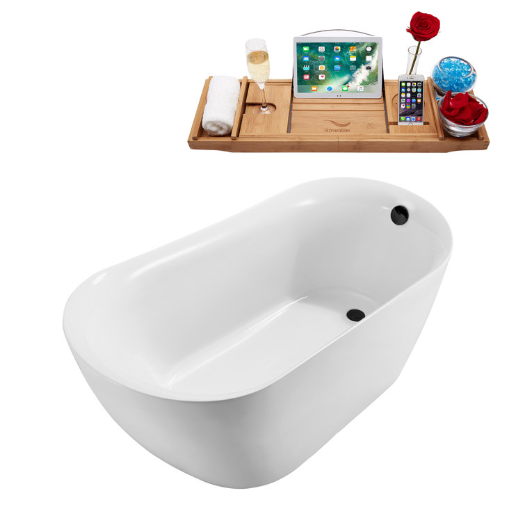 Glossy White Freestanding Acrylic Bathtub with Bamboo Tray