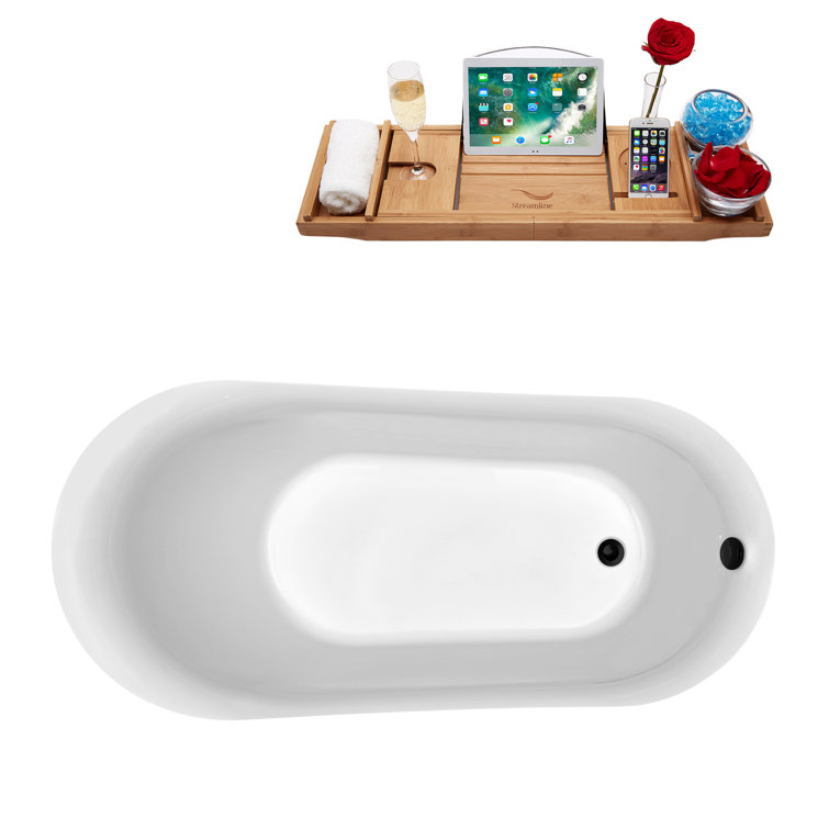 Glossy White Freestanding Acrylic Bathtub with Bamboo Tray