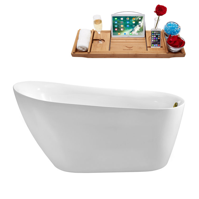 61" Glossy White Acrylic Freestanding Bathtub with Matte Oil Rubbed Bronze Drain