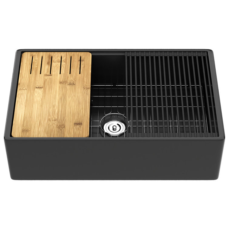 Matte Black 33" Fireclay Farmhouse Workstation Kitchen Sink with Accessories