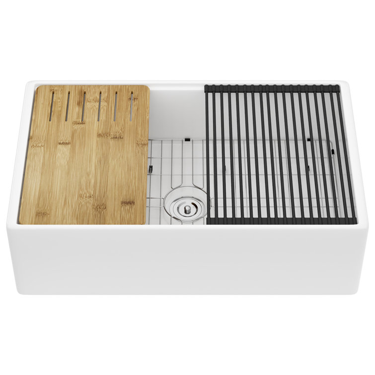 33"L x 20"W Farmhouse Kitchen Sink Deep Single Bowl Fireclay Workstation Sink with Cutting Board and Dish Drying Rack