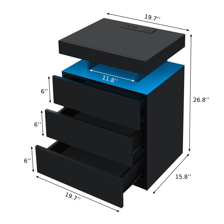 Black High Gloss LED Nightstand with Wireless Charging Station and Drawers