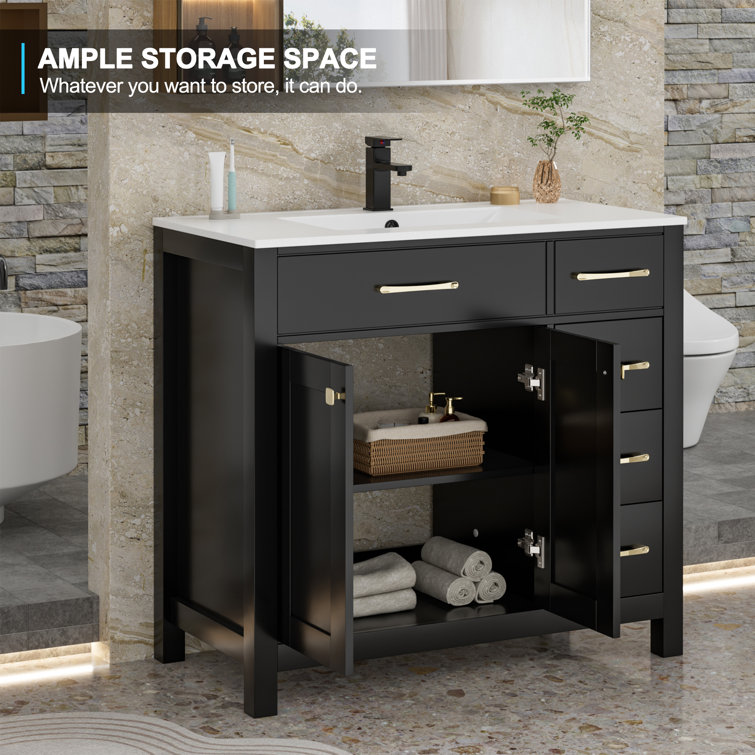 36 Inch Black Freestanding Bathroom Vanity Base with Gold Hardware