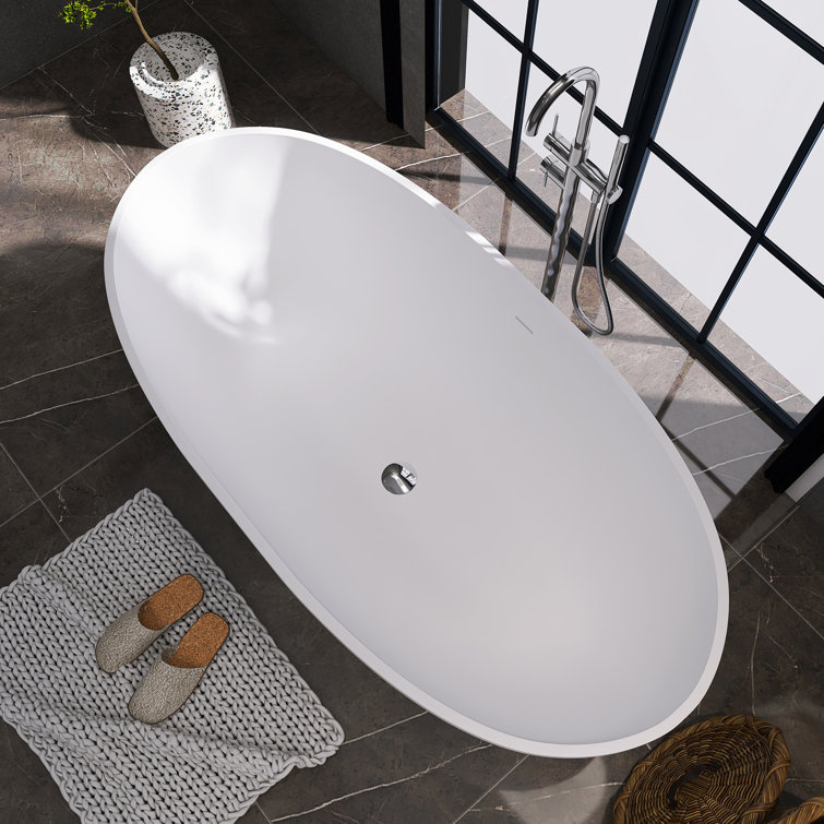 67'' White Solid Surface Freestanding Soaking Bathtub