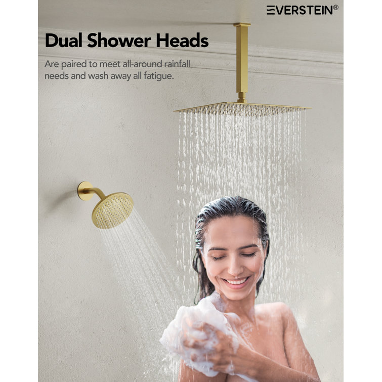 Brushed Gold Thermostatic Dual Showerhead System with Handheld Spray