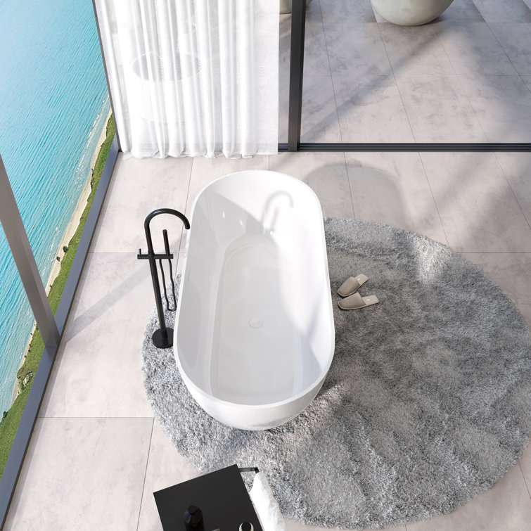 Glossy White 59" Freestanding Solid Surface Soaking Bathtub