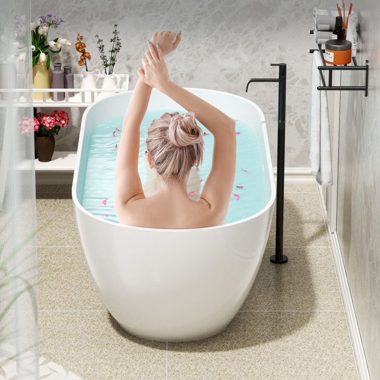Glossy White 59" Freestanding Solid Surface Soaking Bathtub