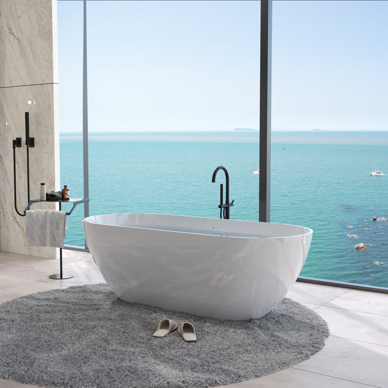 Glossy White 59" Freestanding Solid Surface Soaking Bathtub