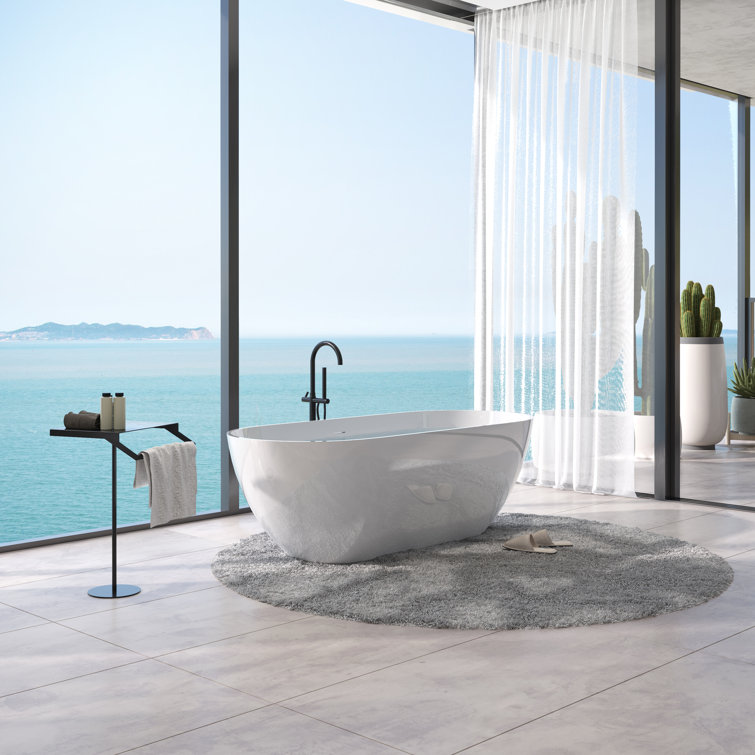Glossy White 59" Freestanding Solid Surface Soaking Bathtub