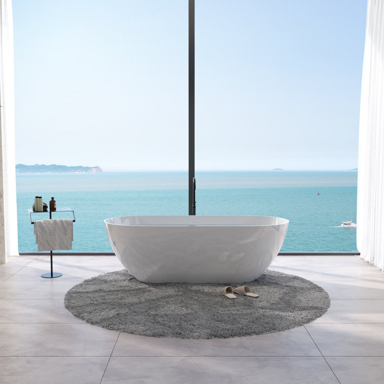 Glossy White 59" Freestanding Solid Surface Soaking Bathtub