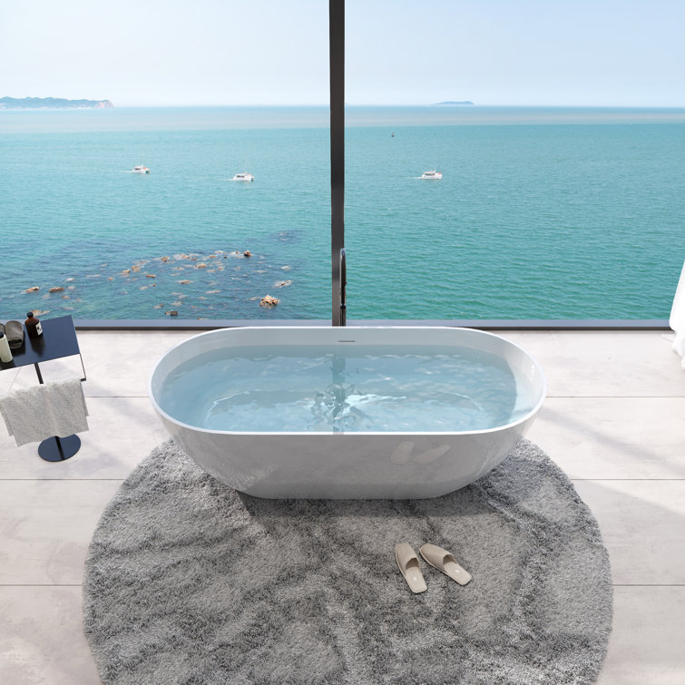 Glossy White 59" Freestanding Solid Surface Soaking Bathtub