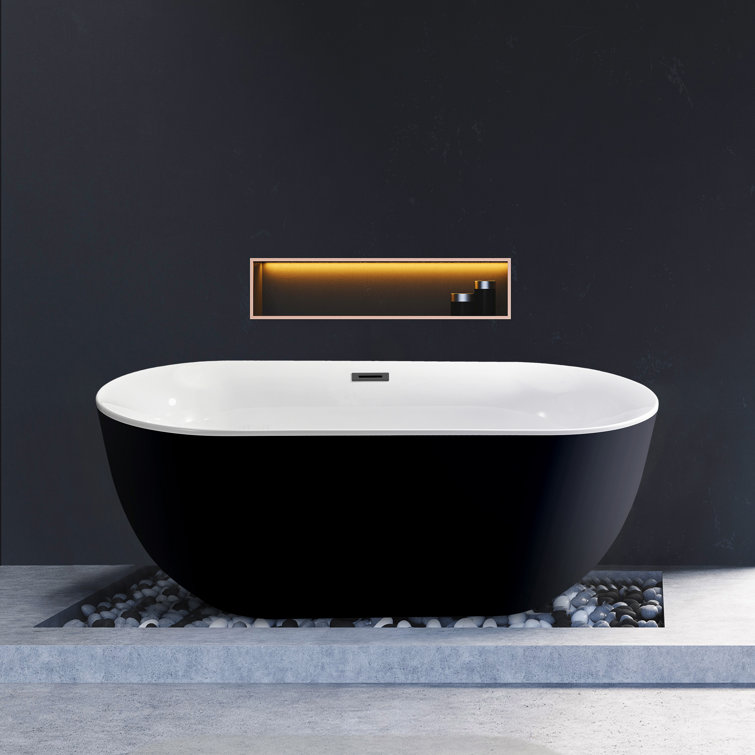 59" Black and White Acrylic Freestanding Soaking Bathtub with Bamboo Tray