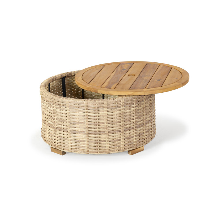 Natural Round Wicker and Acacia Outdoor Coffee Table with Storage