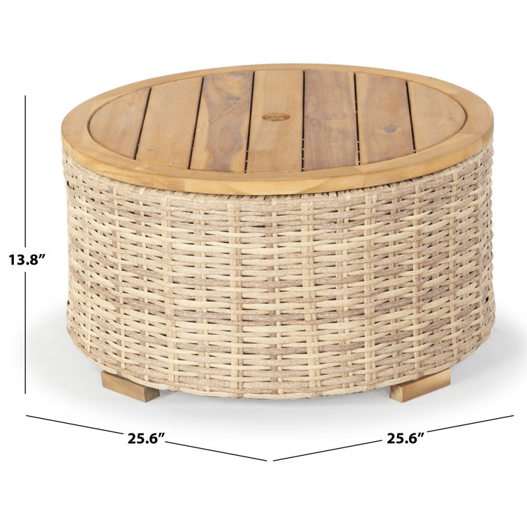Natural Round Wicker and Acacia Outdoor Coffee Table with Storage