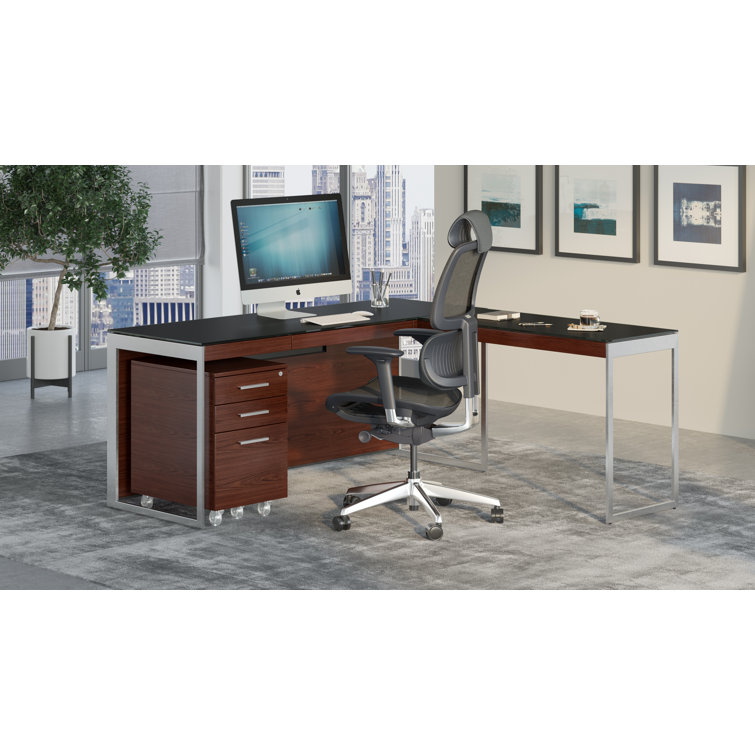 Chocolate Walnut and Satin Nickel Glass Top Desk with Drawer
