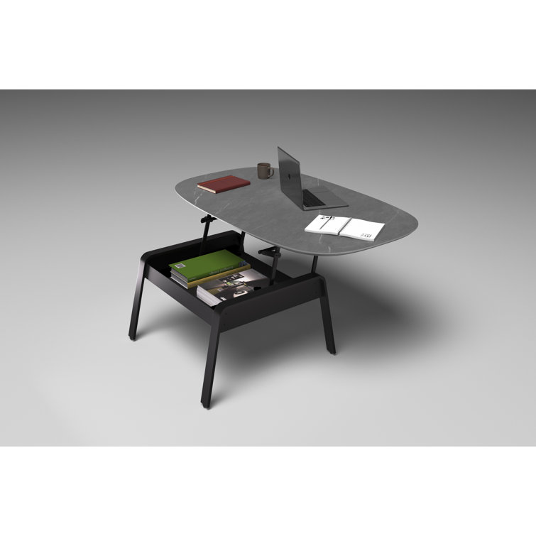 Alto Gray Oval Porcelain Lift-Top Coffee Table with Black Metal Base