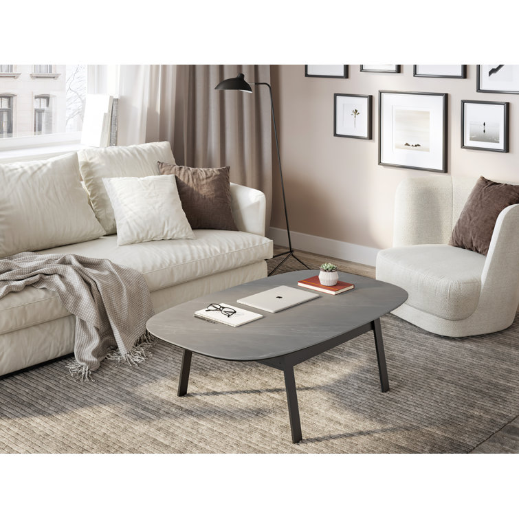 Alto Gray Oval Porcelain Lift-Top Coffee Table with Black Metal Base