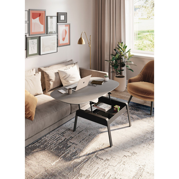 Alto Gray Oval Porcelain Lift-Top Coffee Table with Black Metal Base