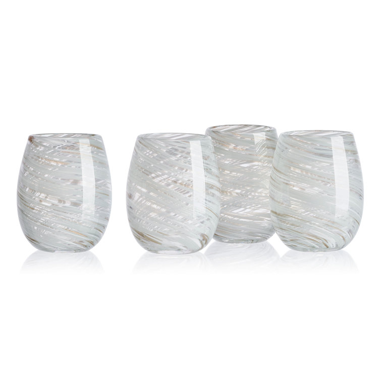 Clear and White Swirl 16oz Stemless Wine Glass Set