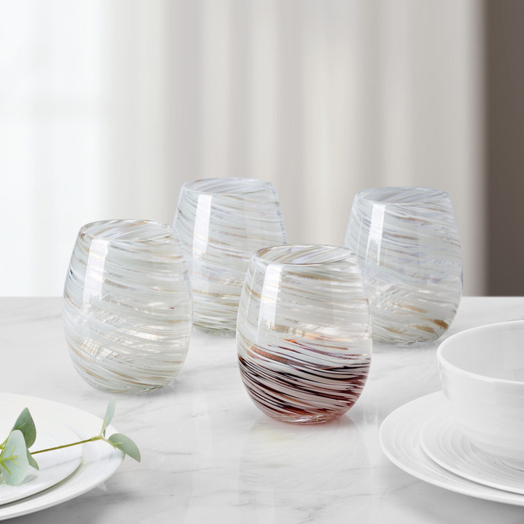 Clear and White Swirl 16oz Stemless Wine Glass Set