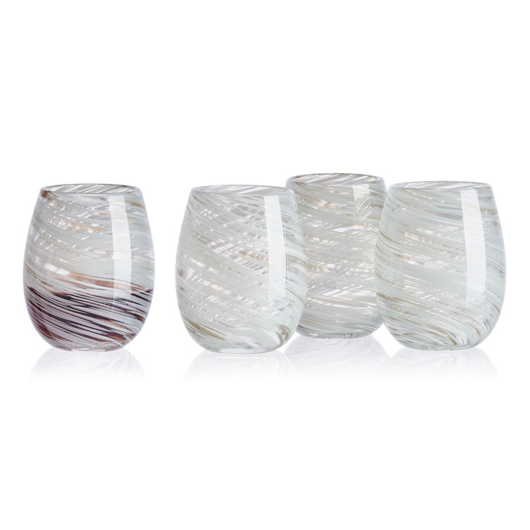 Clear and White Swirl 16oz Stemless Wine Glass Set