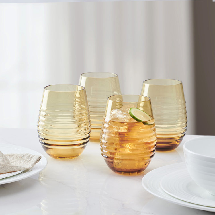 Amber Ribbed 18 oz. Stemless Wine Glasses Set of 4