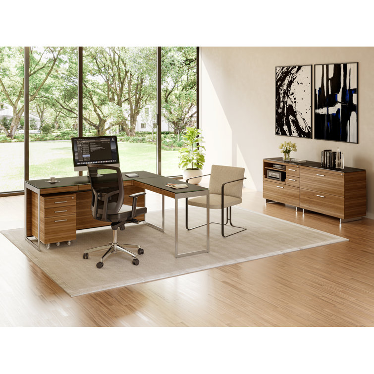 Natural Walnut and Satin Nickel Mobile Filing Cabinet with Black Glass Top