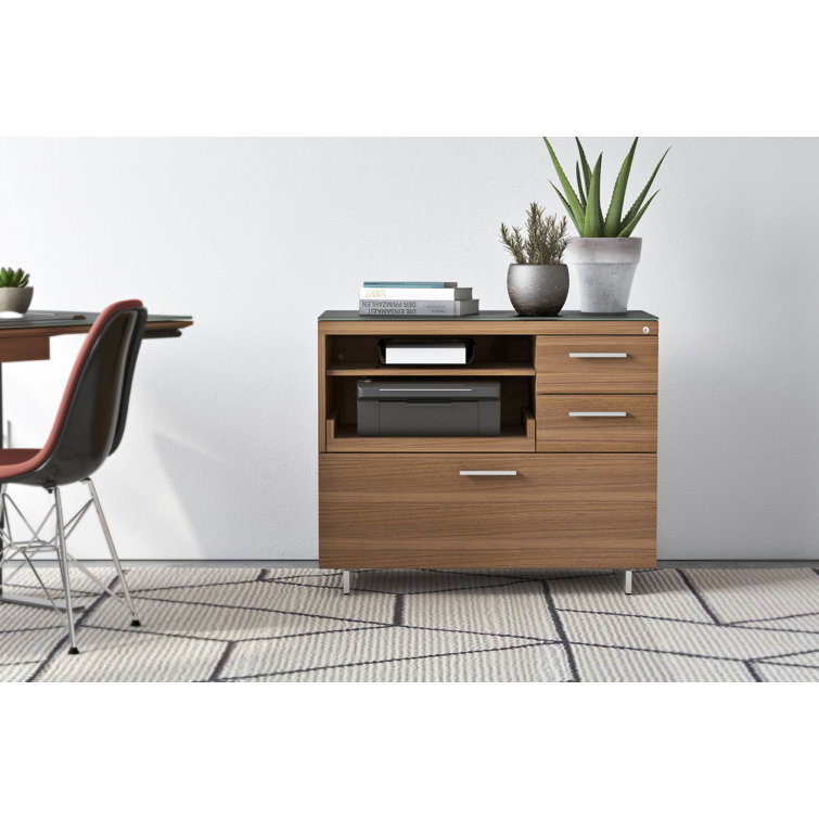 Natural Walnut and Satin Nickel Mobile Filing Cabinet with Black Glass Top
