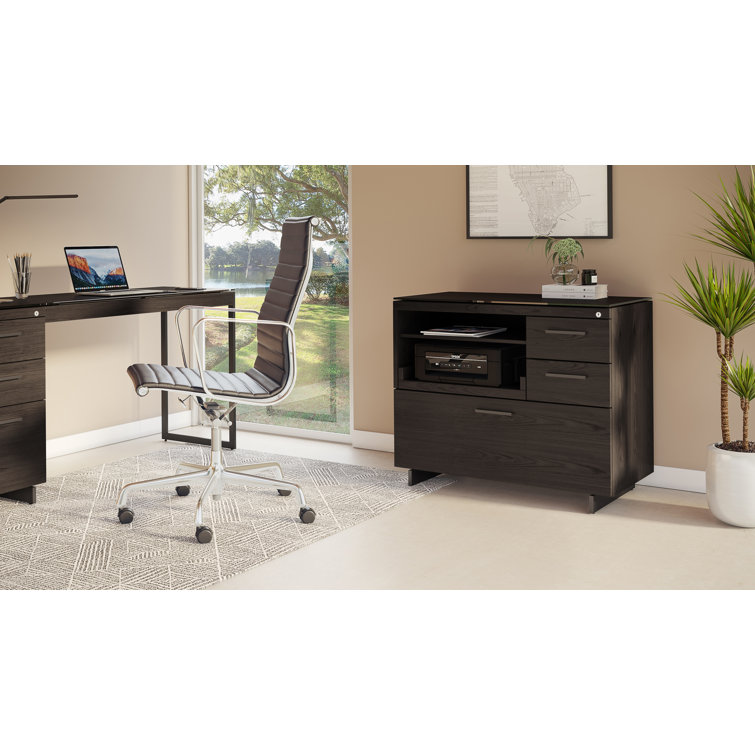 Charcoal Stained Ash and Black Mobile Filing Cabinet with Satin Glass Top