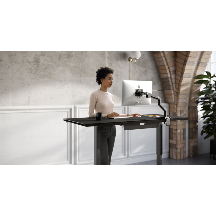 Charcoal Stained Ash Adjustable Glass Top Standing Desk with Power Outlet