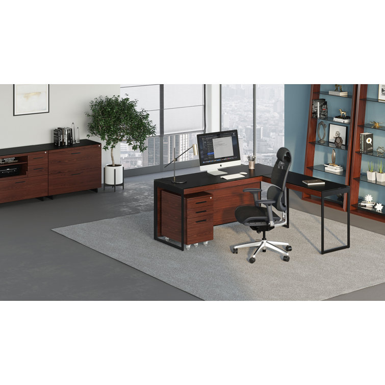 Chocolate Walnut and Black Wood Desk with Drawer and Power Outlet