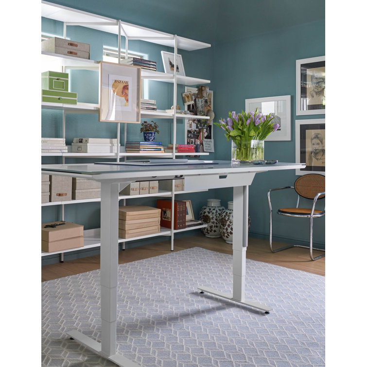 Centro Adjustable Height 66" Gray Glass Computer Desk with Drawer