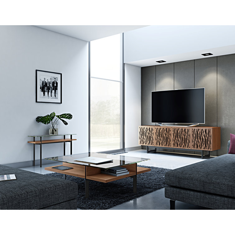 Natural Walnut Glass Top Console Table with Storage