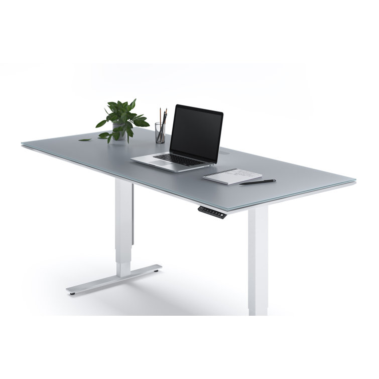 Centro Adjustable Height 66" Gray Glass Computer Desk with Drawer